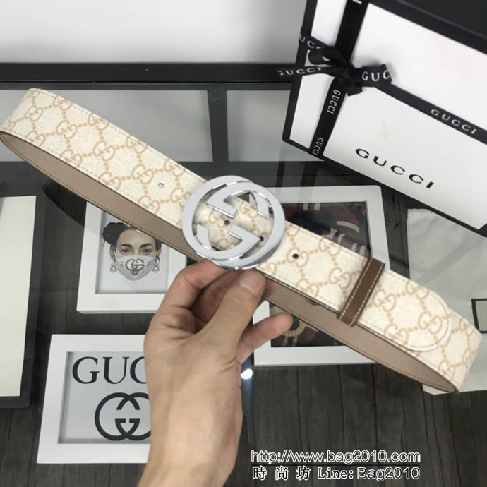 GUCCI古馳 官網經典款 原單品質 專櫃PVC新花色 米白提花面料 雙G拋光亮面扣 男士皮帶  xfp1439